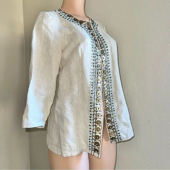 Chico's NWOT Duster Embellished Coin 3/4 Sleeve Tan Blazer Top Size 0 Small - Picture 7 of 10